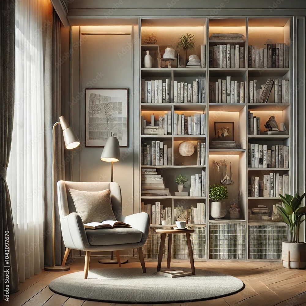 A cozy reading nook with a modern design. The nook features a comfortable armchair upholstered in a soft fabric, with a small side table A cozy reading nook with a modern design. The nook features a comfortable armchair upholstered in a soft fabric, with a small side table