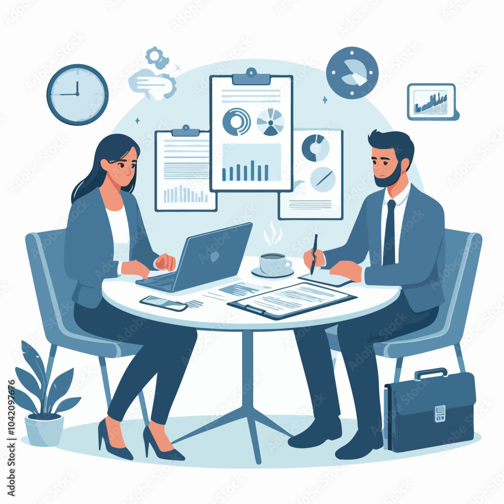 Partners meeting for business discussion with documents and laptop on desk. Couple at round table, speaking, discussing work, partnership. Flat vector illustration isolated on white background Partners meeting for business discussion with documents and laptop on desk. Couple at round table, speaking, discussing work, partnership. Flat vector illustration isolated on white background