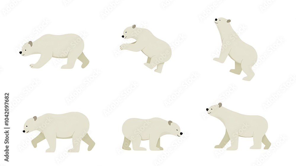 Obraz premium polar bears on a white background in different positions- one standing tall, one playing, one lying down, one walking, one swimming, one resting.