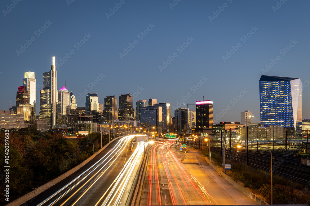 Philadelphia Skyline with Light Trails at Twilight Philadelphia Skyline with Light Trails at Twilight