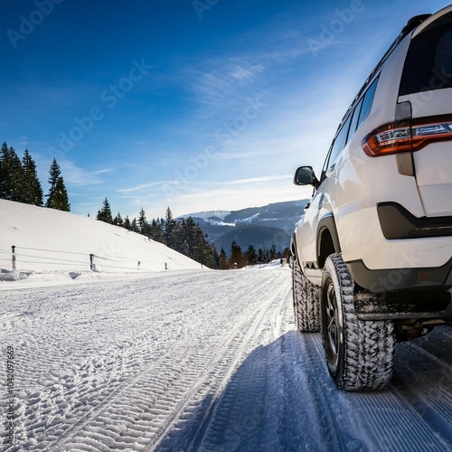 modern 4wd suv parked on snowy roadside at ski resort for family trip adventure in winter or spring sunny day drive in mountains