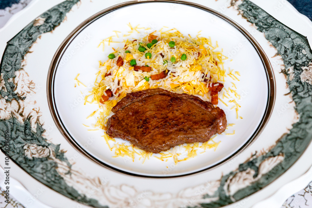 Authentic Brazilian food, grilled picanha steak with birobiro rice Authentic Brazilian food, grilled picanha steak with birobiro rice