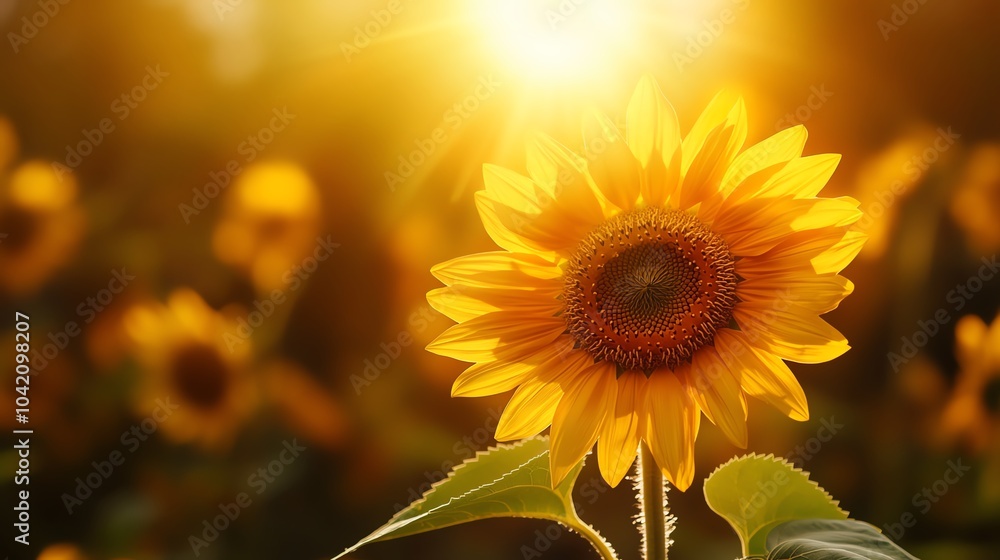 Naklejka premium Sunlit sunflower field with golden glow.
