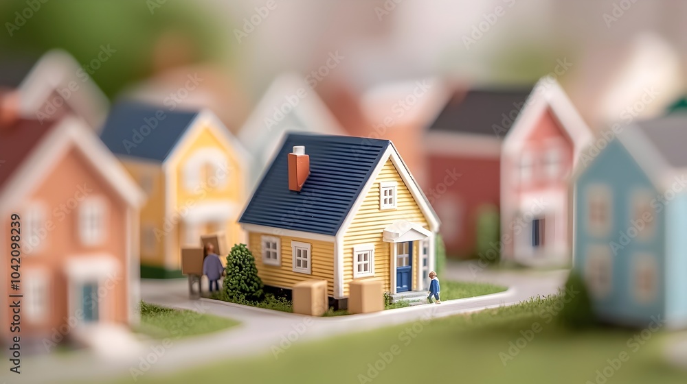 Charming Miniature House with Family Moving Boxes in Cozy Neighborhood - Playful Chaos and Detailed Architecture for Heartwarming Scenes Charming Miniature House with Family Moving Boxes in Cozy Neighborhood - Playful Chaos and Detailed Architecture for Heartwarming Scenes