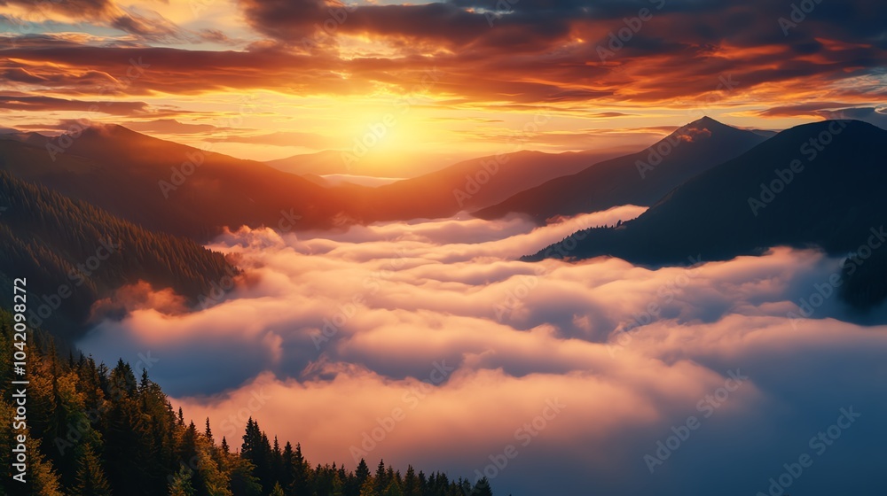 Fototapeta premium Sunrise over mountains with clouds.