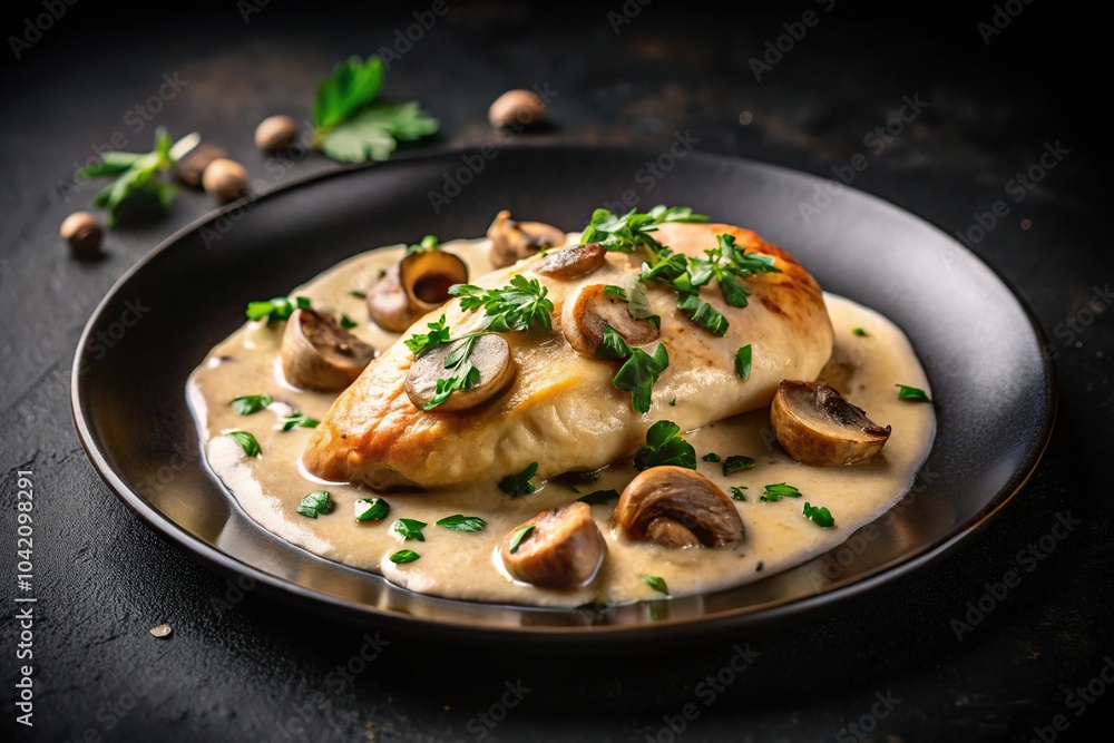 Creamy mushroom chicken fillet on black silhouette background Creamy mushroom chicken fillet on black silhouette background