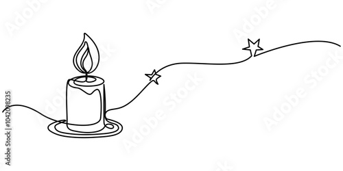 Illustration of candle with star drawn with one line, Christmas candles with burning flame. One continuous single line hand drawing art. Vector stock illustration isolated on white background