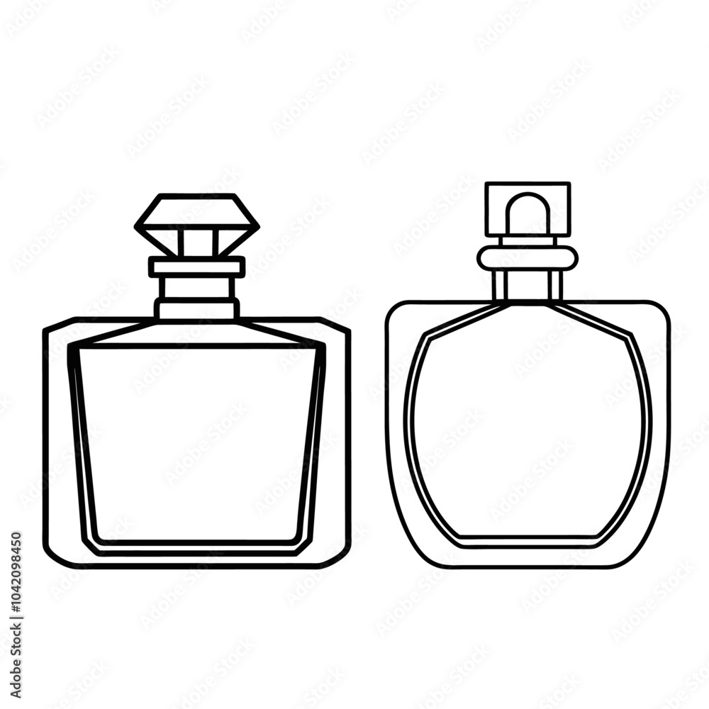 Perfume glass bottle realistic transparent, abstract geometric technical, blank white cosmetic cone shape bottle cap vector illustration Perfume glass bottle realistic transparent, abstract geometric technical, blank white cosmetic cone shape bottle cap vector illustration