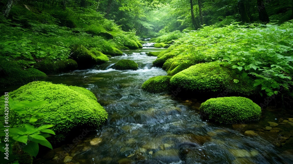 Tranquil stream flows through mossy forest. Tranquil stream flows through mossy forest.