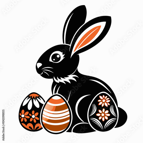 Elegant black bunny sitting next to beautifully decorated Easter eggs in a colorful style