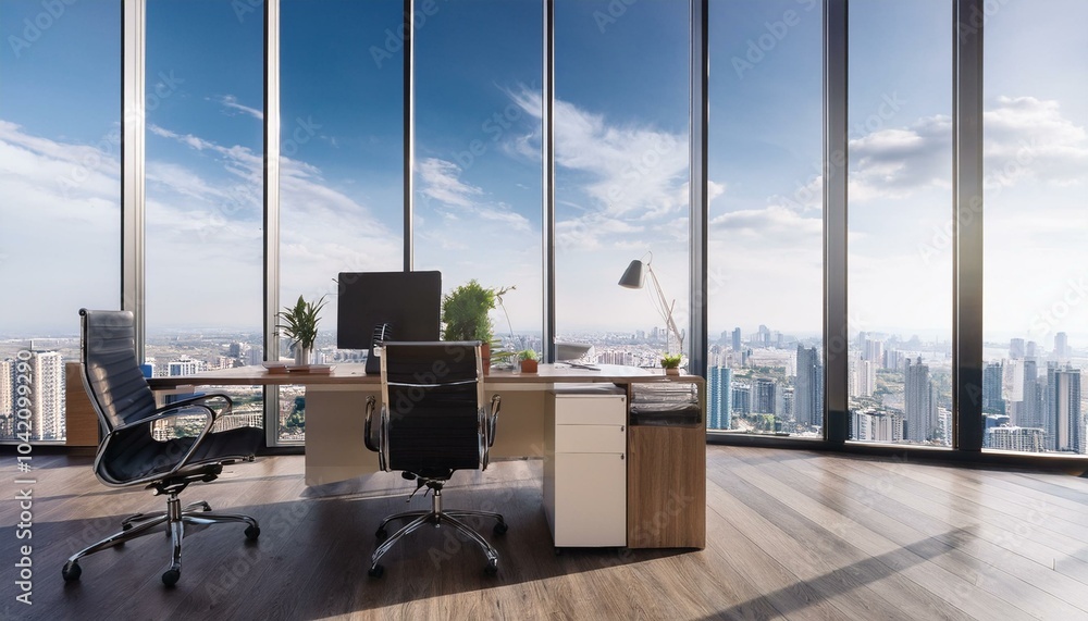 Fototapeta premium Modern spacious office interior with panoramic windows and city view, workplace and other objects. 3D Rendering.