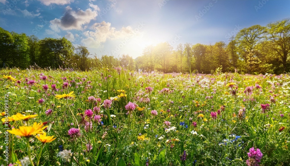 Fototapeta premium vibrant spring wildflowers in full bloom among lush green foliage during a sunny day in a colorful meadow