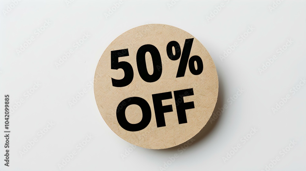 Black '50% OFF' Text on a Beige Round Paper Note. White Background with Copy Space Black '50% OFF' Text on a Beige Round Paper Note. White Background with Copy Space