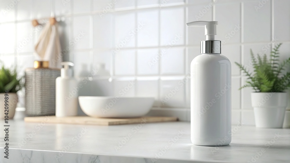 Fototapeta premium Cosmetic bottle mockup on bathroom countertop