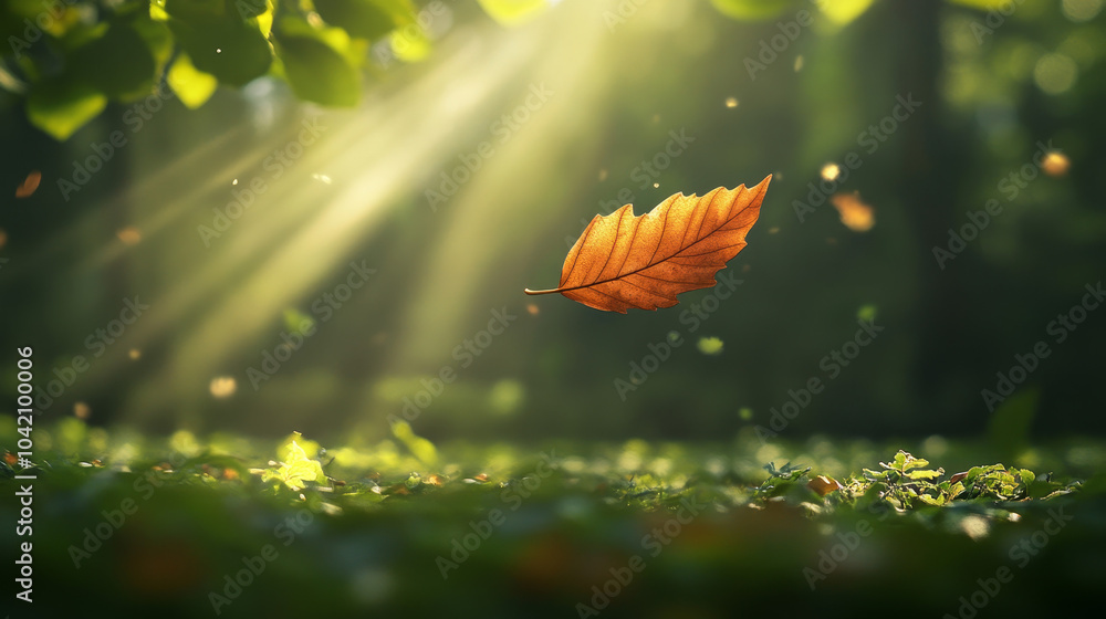 Golden autumn leaf floating in forest light Golden autumn leaf floating in forest light