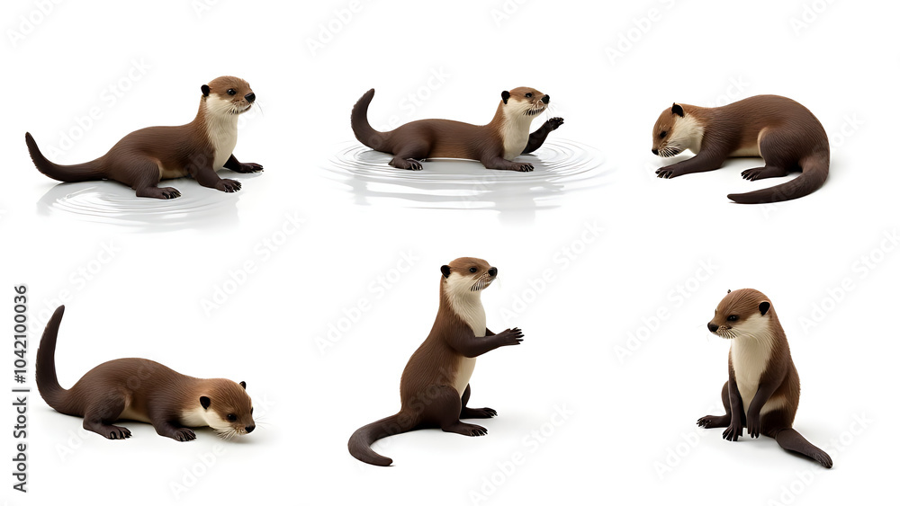 Obraz premium Six otters in different poses on a white background- one swimming, one lying on its back, one playing, one sitting, one standing, one grooming.