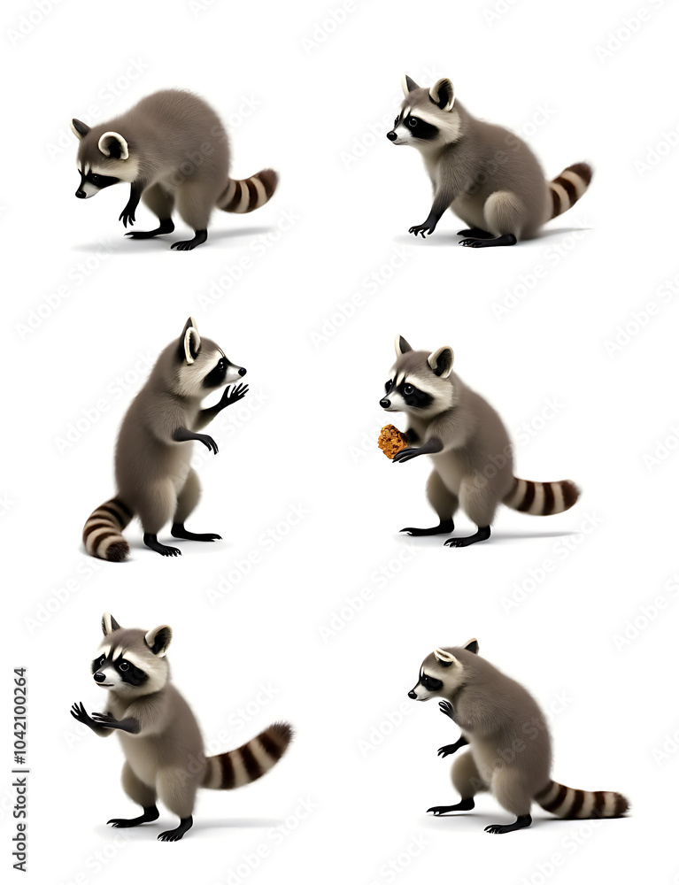 Fototapeta premium Six raccoons on a white background in different positions- one climbing, one playing, one sitting, one standing tall, one running, one eating.