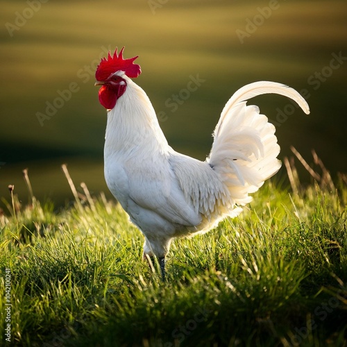 white rooster on farm grass symbolizes boss winner vertical image