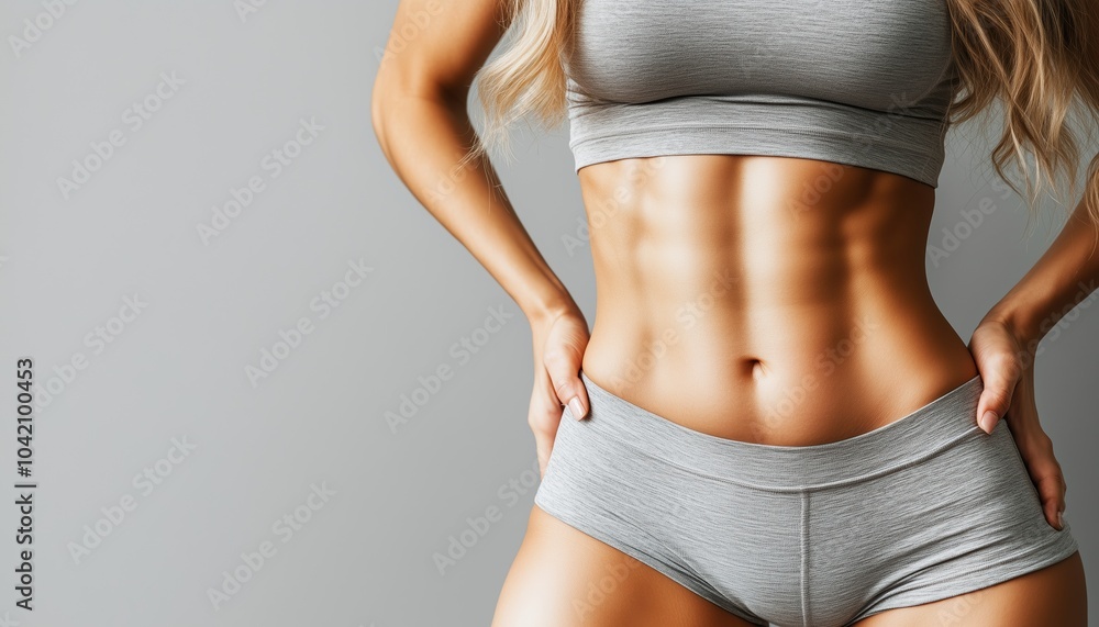 Fit Female Stomach Banner: Beauty, Fashion, Female Health, Anti-Cellulite, And Dieting Concept On Grey Studio Background With Negative Space For Text. Fit Female Stomach Banner: Beauty, Fashion, Female Health, Anti-Cellulite, And Dieting Concept On Grey Studio Background With Negative Space For Text.