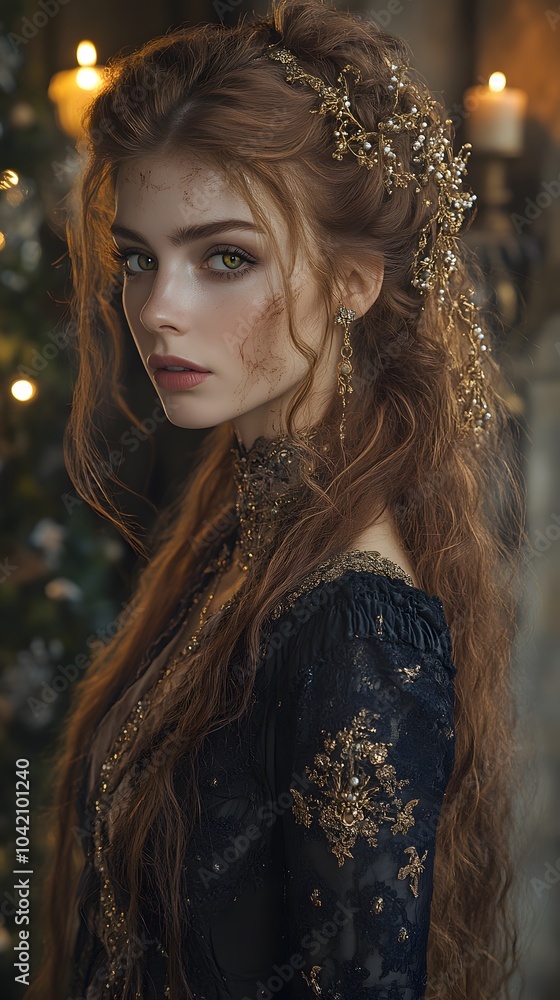 Fototapeta premium Enchanting Portrait of a Young Woman in Elegant Dress