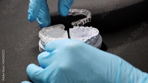 Tooth imprint and dental splint held by Orthodontist with his hands for dental protection against bruxism and gnash protection as dentistry surgery for braces against underbite or crossbite by plaster