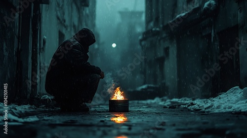 an individual warms hands by a small fire in a metal drum in a cold, deserted alley at night, highlighting homeless struggles