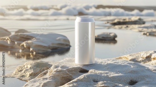 blank tall white silver plain soft-drink can floating, mock up illustration