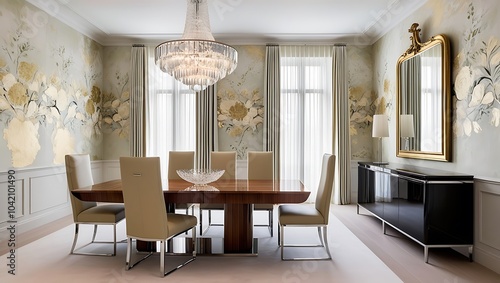 Dining room with artistic wallpaper and high-end dining furniture