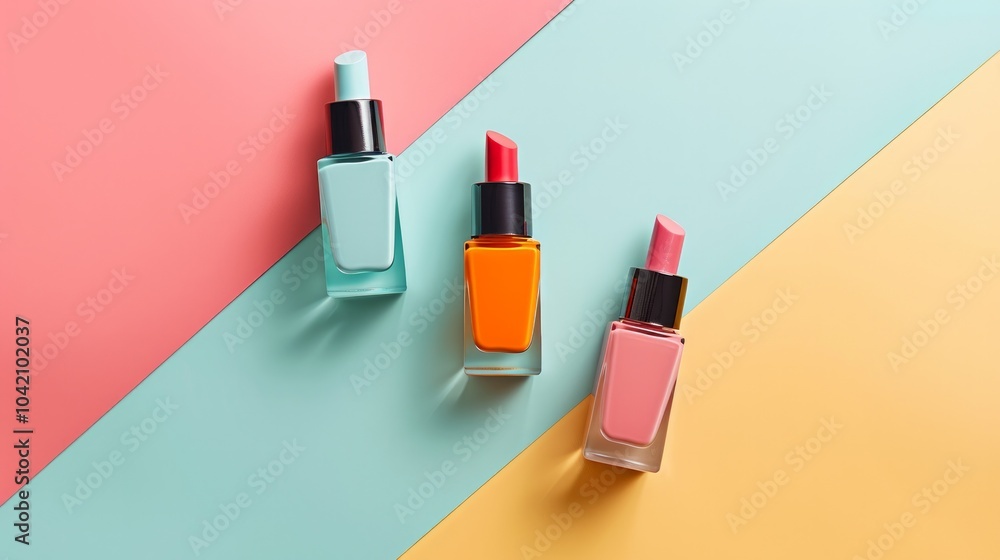The image shows three bottles of nail polish arranged on a pastel-colored background. The image shows three bottles of nail polish arranged on a pastel-colored background.