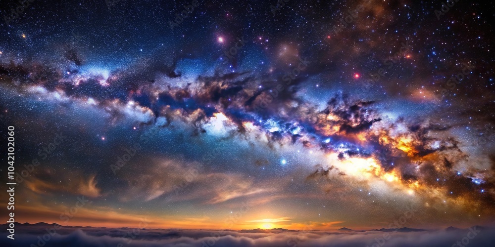 Cosmic Milky Way landscape with stars nebulae glowing interstellar space clouds Cosmic Milky Way landscape with stars nebulae glowing interstellar space clouds