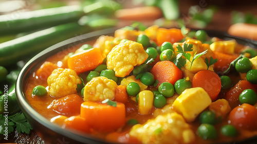 Mix vegetable curry Indian main course recipe contains Carrots cauliflower green peas and beans baby corn capsicum and paneercottage cheese with traditional masala and curry selective : Generative AI photo