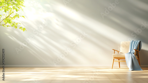 Serene room with sunlight  wooden chair  soft blanket in a tranquil setting  natural ambiance.