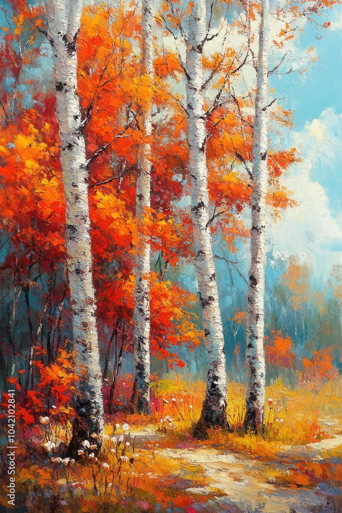 Fototapeta premium Autumnal vibrance in birch painting