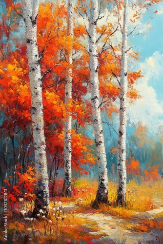 Autumnal vibrance in birch painting