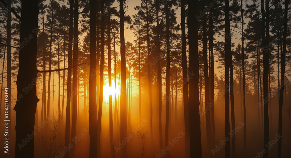 Sunset in the forest on the mountainside: sun rays break through the tree trunks during sunset. Sunset in the forest on the mountainside: sun rays break through the tree trunks during sunset.