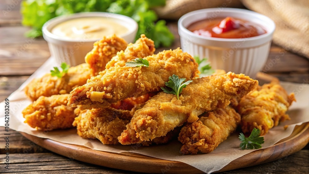 Crispy breaded chicken tenders with sauce, low angle view Crispy breaded chicken tenders with sauce, low angle view