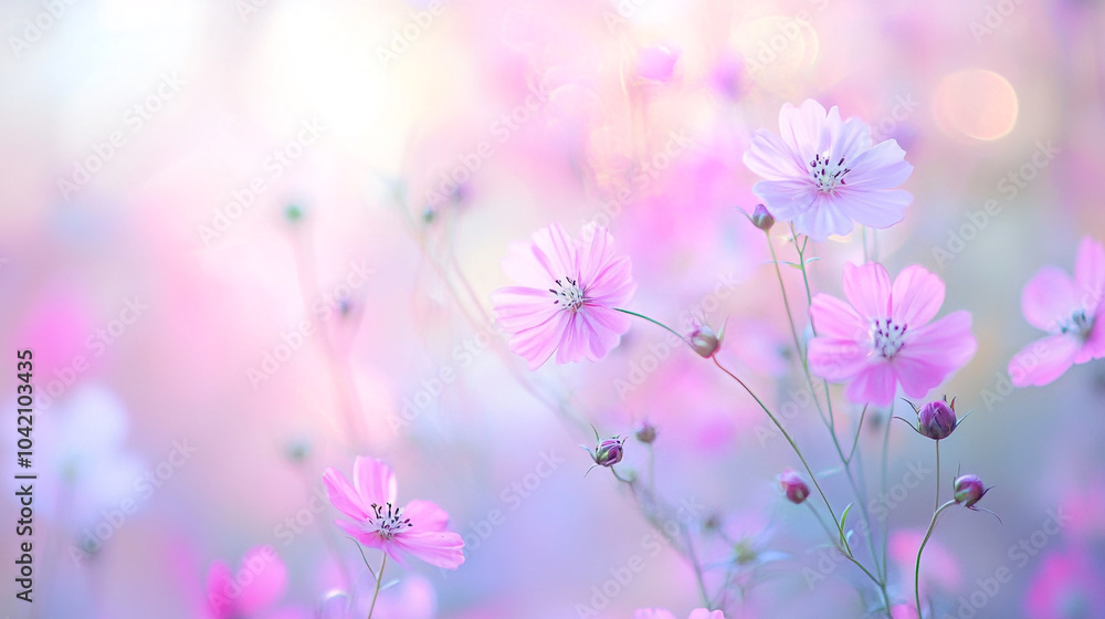 Fototapeta premium Soft pink flowers blooming in a dreamy garden during the golden hour of late afternoon