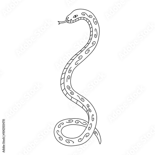 Earth snake cobra on white background. Black and white stylized vector isolated illustration hand drawn doodle. Abstract esoteric poster. Symbol of the new 2025 year. Wood texture