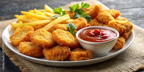 Crispy chicken nuggets and fries arranged in forced perspective