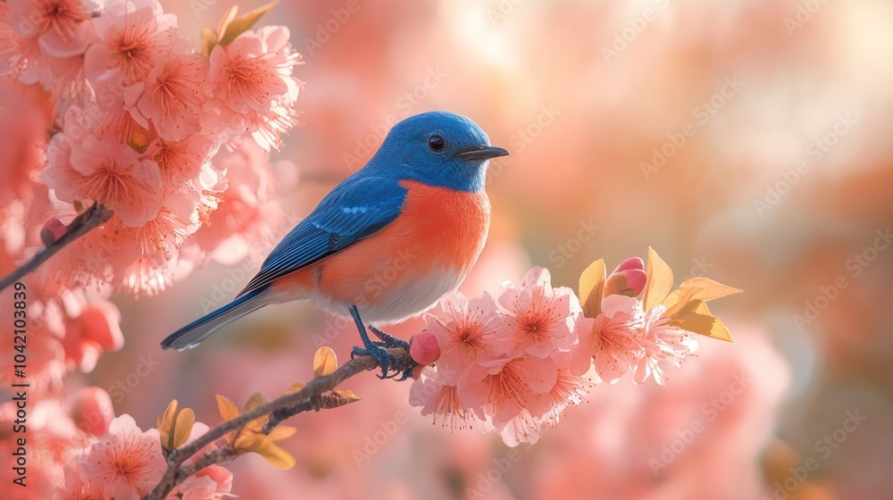 A bluebird sitting on a branch of fresh spring blooms in the garden. Bright petals and soft leaves creating a vibrant atmosphere. A bluebird sitting on a branch of fresh spring blooms in the garden. Bright petals and soft leaves creating a vibrant atmosphere.