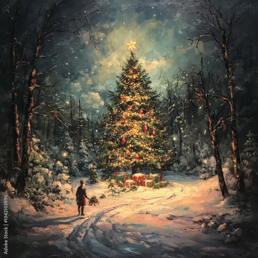 A glowing Christmas tree stands in the middle of a snowy forest at night A glowing Christmas tree stands in the middle of a snowy forest at night