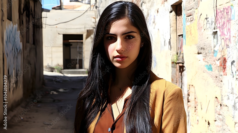Naklejka premium Confident Woman in Urban Setting with Natural Light