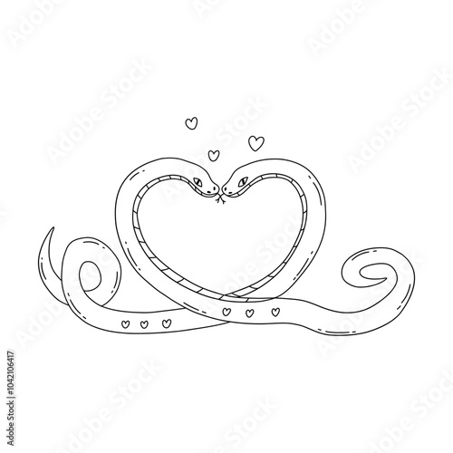 Two lovers snakes intertwined in shape of heart. Valentines Day. On white background. Black and white vector isolated illustration hand drawn doodle. Symbol of the new 2025 year. Love concept