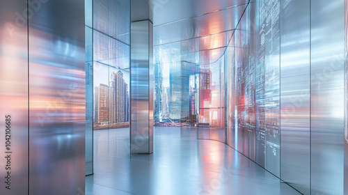 The backdrop should be clean and minimal  with large transparent windows showing a futuristic cityscape or open space. 