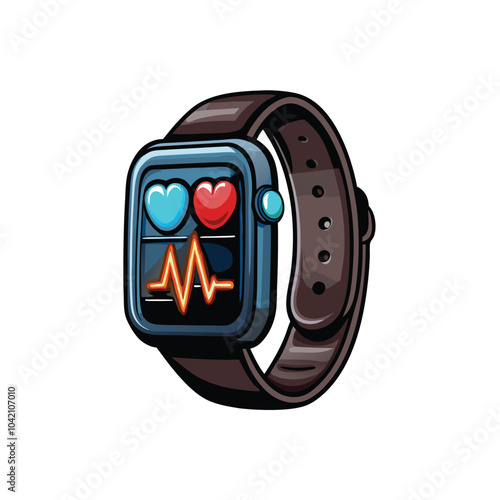 A detailed close-up of a wearable fitness tracker with a heart rate monitor, a blue and red heart icon, and a bright orange heart rate line.