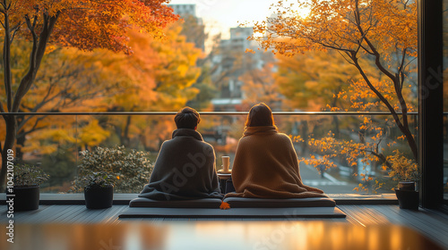 A couple sitting on a minimalist terrace surrounded by trees with vibrant fall foliage. They are wrapped in cozy blankets, drinking coffee as they watch the leaves fall gently arou photo