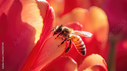 A bee collects nectar from a vibrant red tulip, showcasing the beauty of nature's pollinators in a colorful spring landscape.