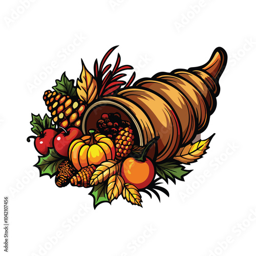 A detailed cornucopia overflowing with autumn fruits, vegetables, and fall foliage.