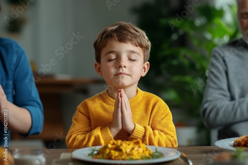 Family bowing their heads in prayer, giving thanks before starting their Thanksgiving meal photo