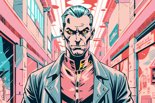 Intense Cyberpunk Male Character in Neon-Lit Alley Illustration